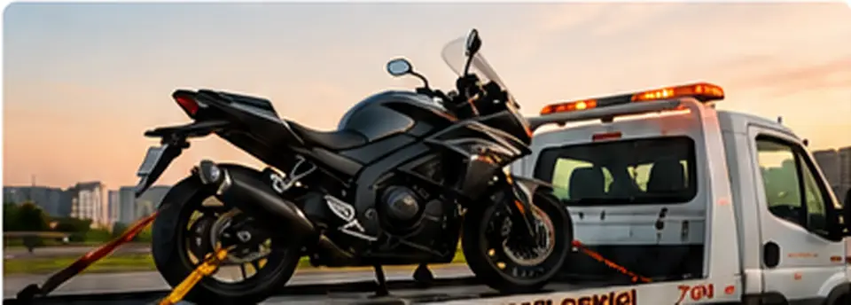 Platform üzerinde güvenli şekilde taşınan motosiklet ve motosiklet çekici aracı